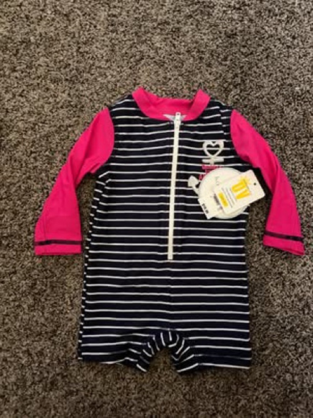 Koala Kids Navy and White Striped Swimsuit with Hot Pink Sleeves